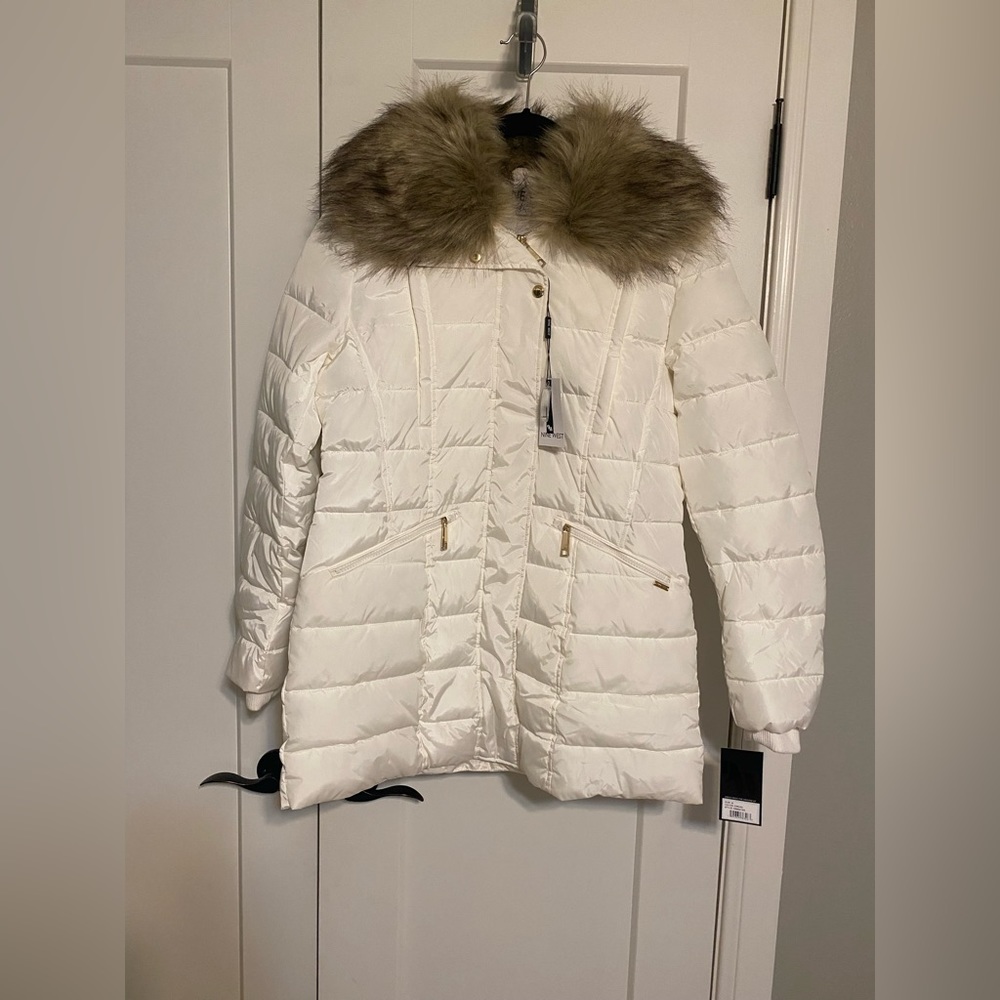 NWT Nine West Long Coat in Cream with Fur Hood Size Medium from Nordstrom